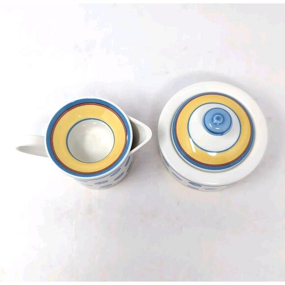 VTG Villeroy & Boch Twist Anna Cream Sugar Set With Lids White Blue Polka Dots - Picture 4 of 12